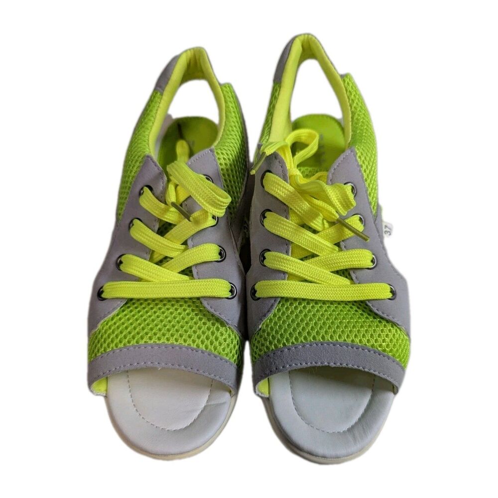 Neon Green Grey Mesh Platform Sneaker Sandals Chunky Wedge Slingback Size 6.5 - Picture 5 of 11